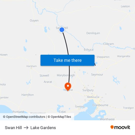 Swan Hill to Lake Gardens map