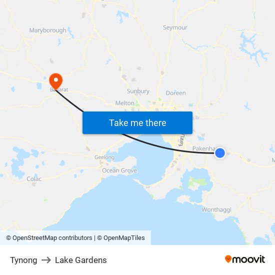 Tynong to Lake Gardens map