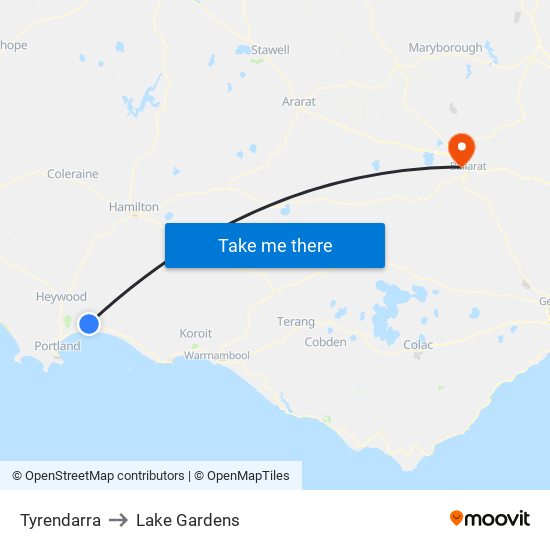 Tyrendarra to Lake Gardens map