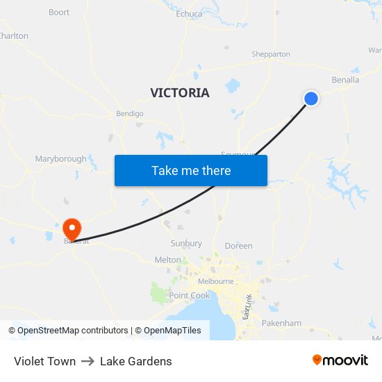 Violet Town to Lake Gardens map