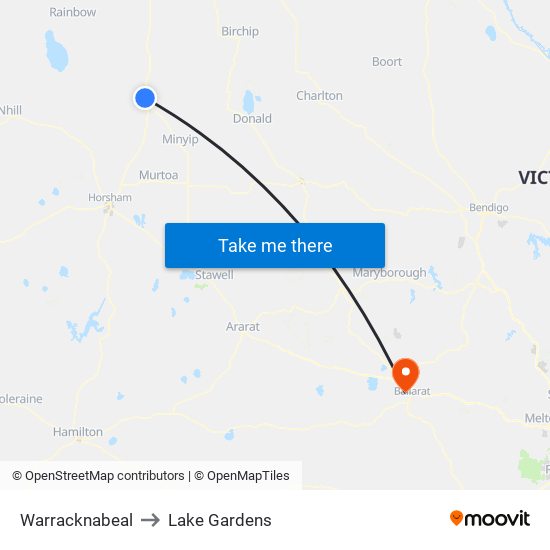 Warracknabeal to Lake Gardens map