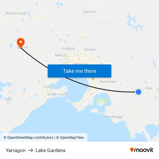 Yarragon to Lake Gardens map