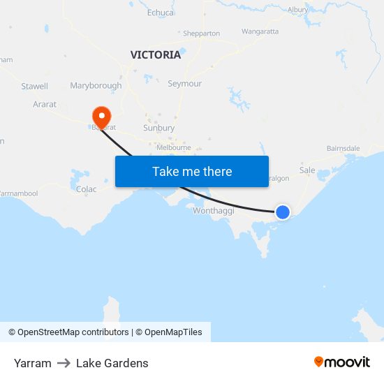 Yarram to Lake Gardens map