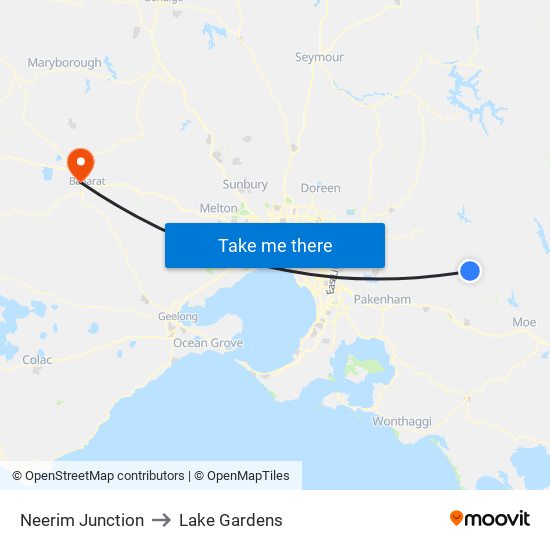 Neerim Junction to Lake Gardens map