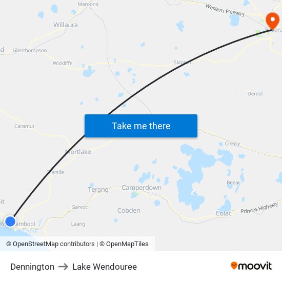 Dennington to Lake Wendouree map