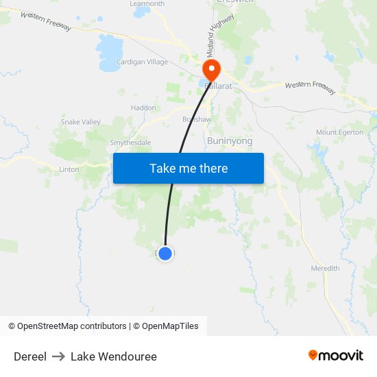 Dereel to Lake Wendouree map