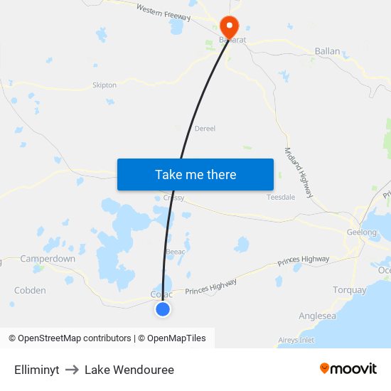 Elliminyt to Lake Wendouree map