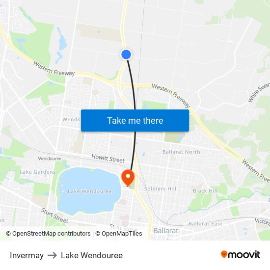 Invermay to Lake Wendouree map