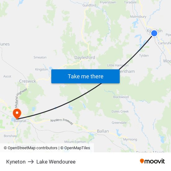 Kyneton to Lake Wendouree map