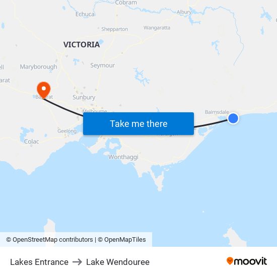 Lakes Entrance to Lake Wendouree map