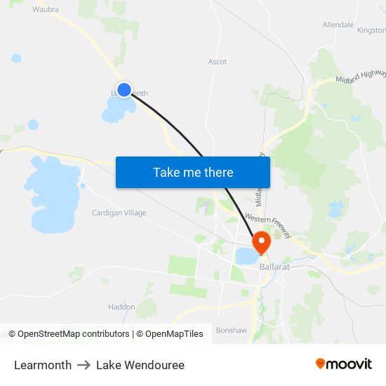 Learmonth to Lake Wendouree map