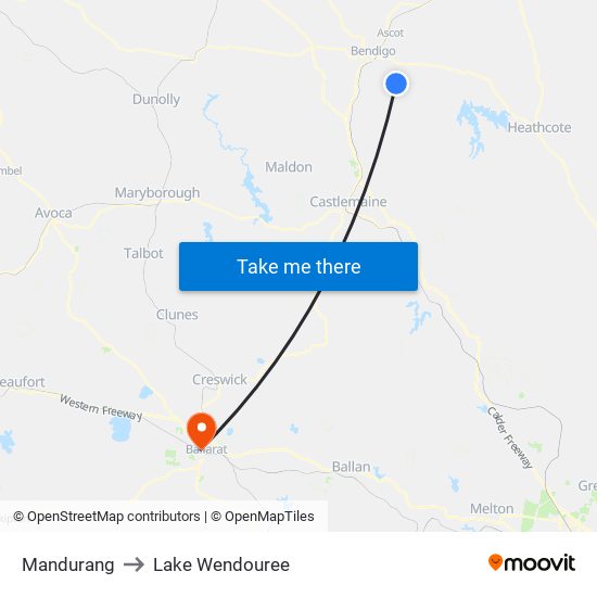 Mandurang to Lake Wendouree map