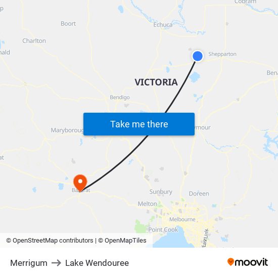 Merrigum to Lake Wendouree map