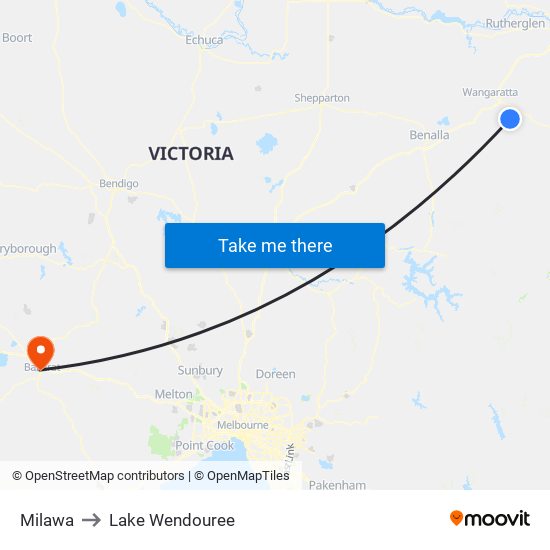 Milawa to Lake Wendouree map