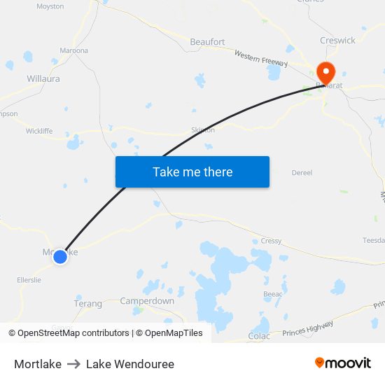 Mortlake to Lake Wendouree map