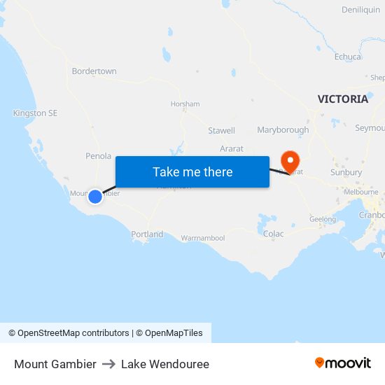 Mount Gambier to Lake Wendouree map