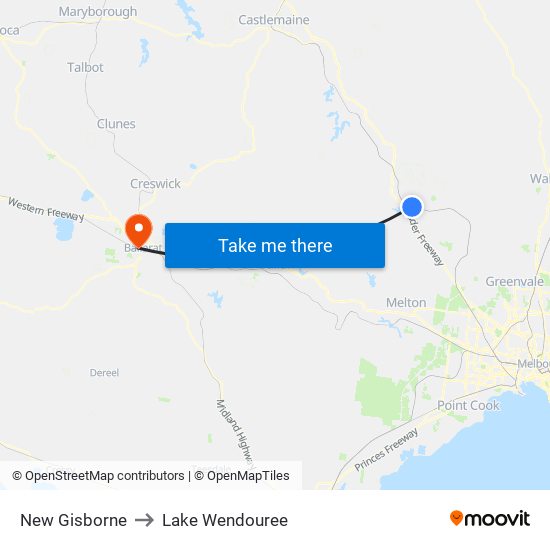 New Gisborne to Lake Wendouree map