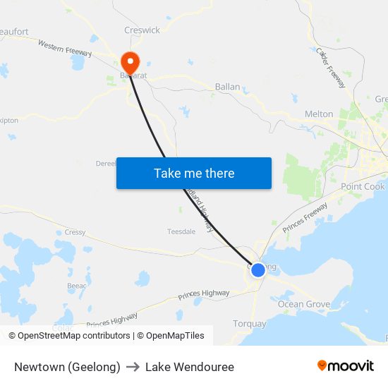 Newtown (Geelong) to Lake Wendouree map