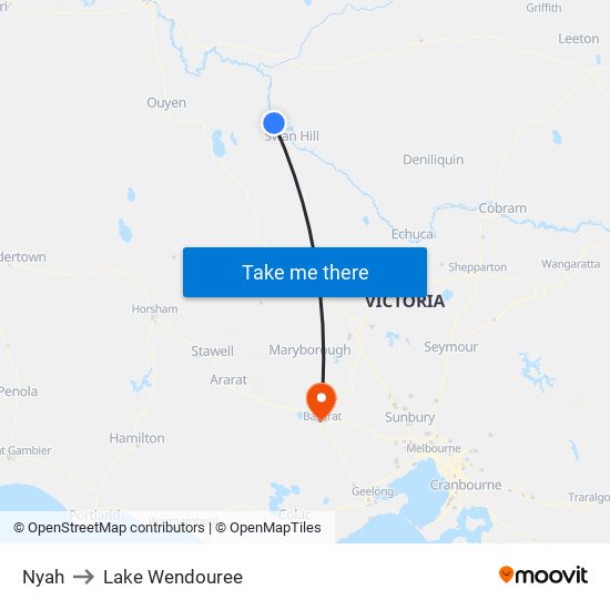Nyah to Lake Wendouree map