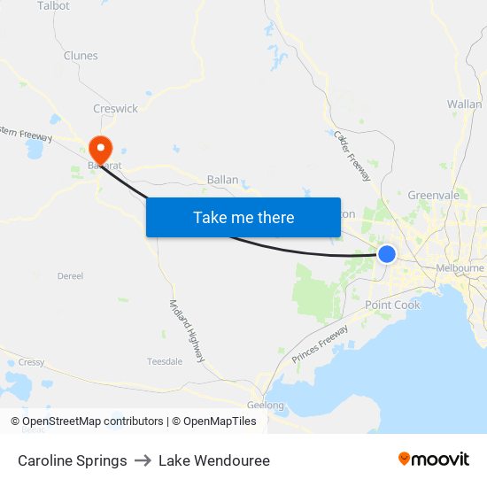 Caroline Springs to Lake Wendouree map