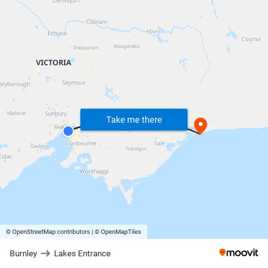 Burnley to Lakes Entrance map