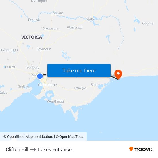Clifton Hill to Lakes Entrance map