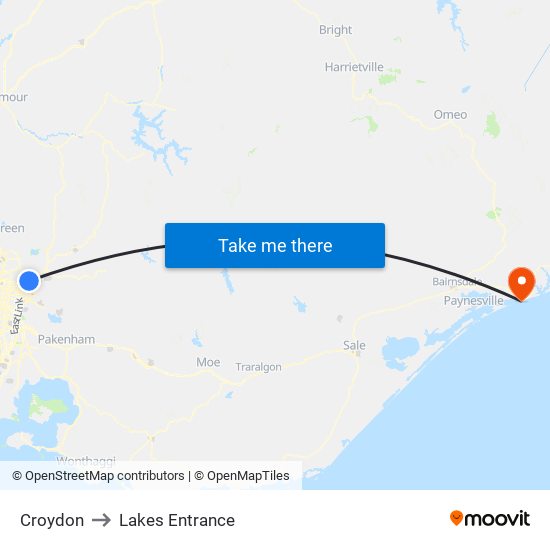 Croydon to Lakes Entrance map