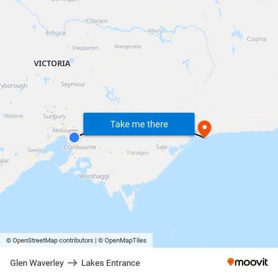 Glen Waverley to Lakes Entrance map