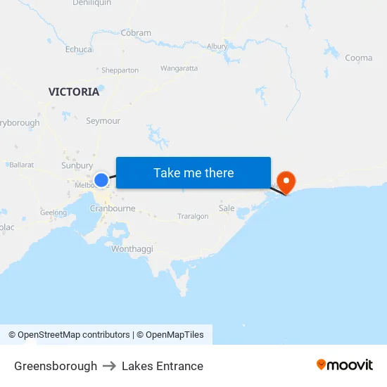 Greensborough to Lakes Entrance map