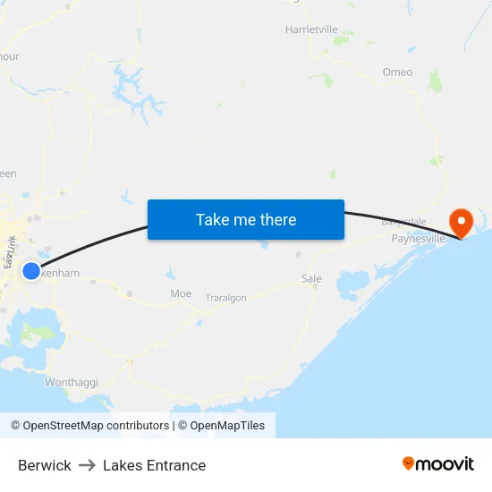 Berwick to Lakes Entrance map