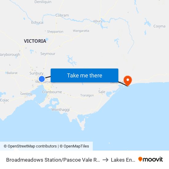 Broadmeadows Station/Pascoe Vale Rd (Broadmeadows) to Lakes Entrance map