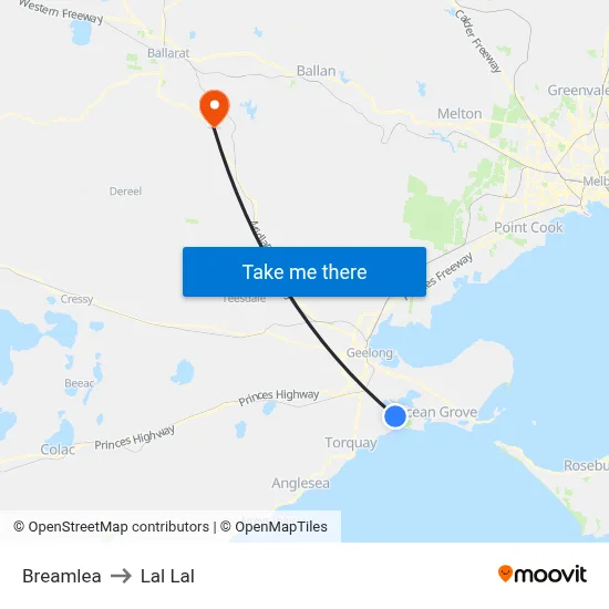 Breamlea to Lal Lal map