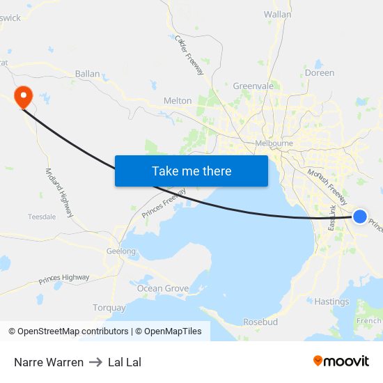 Narre Warren to Lal Lal map