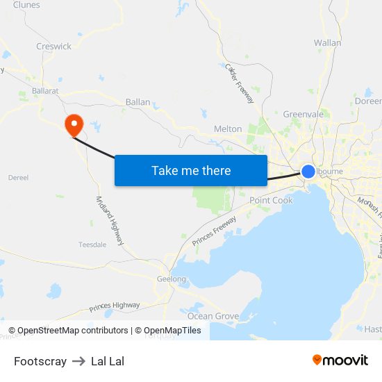 Footscray to Lal Lal map