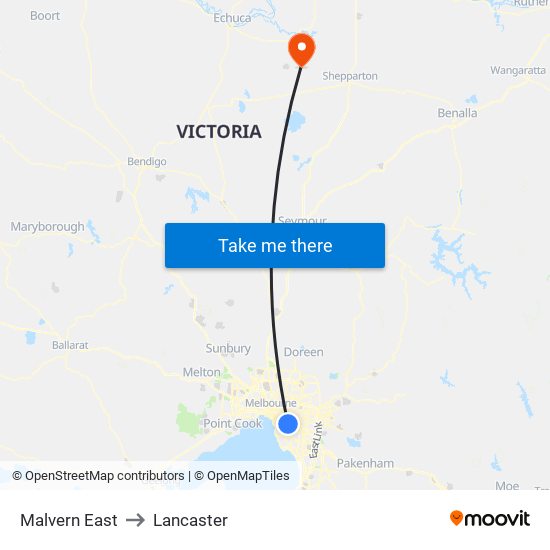 Malvern East to Lancaster map