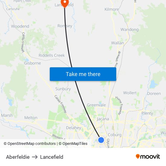 Aberfeldie to Lancefield map