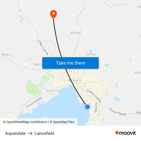 Aspendale to Lancefield map