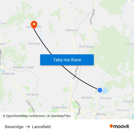 Beveridge to Lancefield map