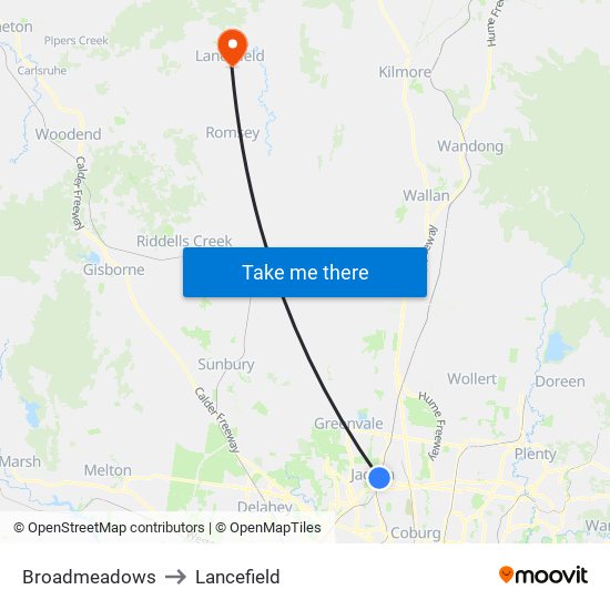 Broadmeadows to Lancefield map