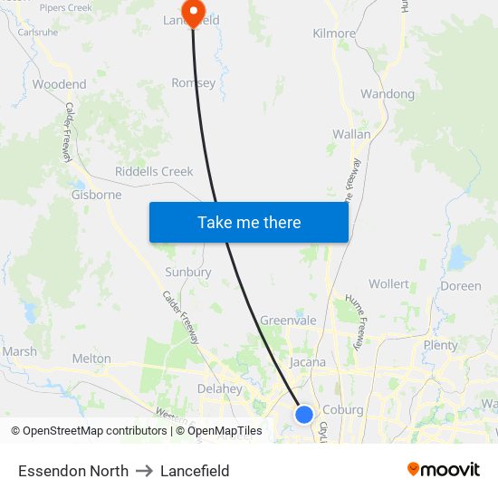 Essendon North to Lancefield map