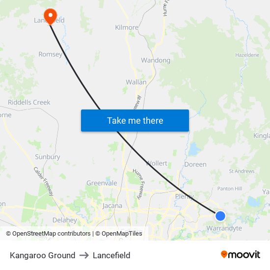 Kangaroo Ground to Lancefield map