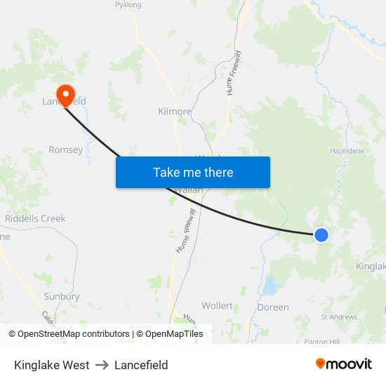 Kinglake West to Lancefield map