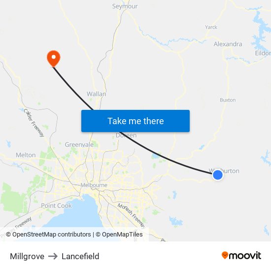Millgrove to Lancefield map
