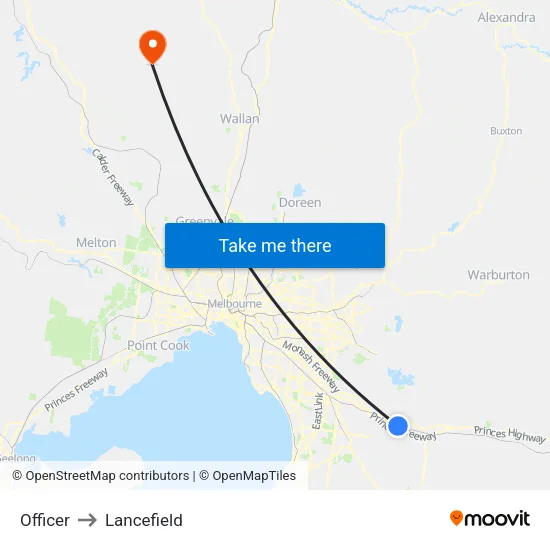 Officer to Lancefield map