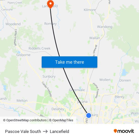 Pascoe Vale South to Lancefield map