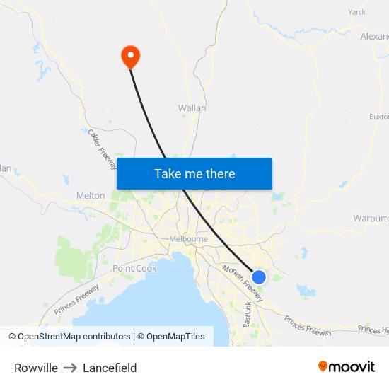 Rowville to Lancefield map