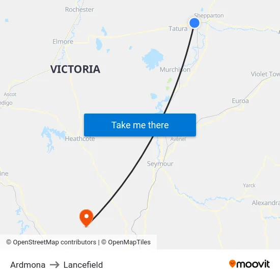 Ardmona to Lancefield map