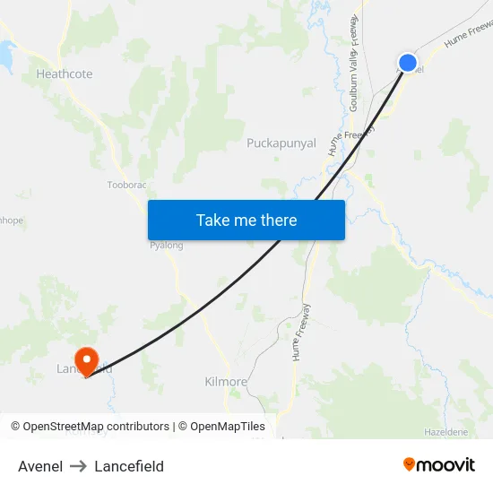 Avenel to Lancefield map