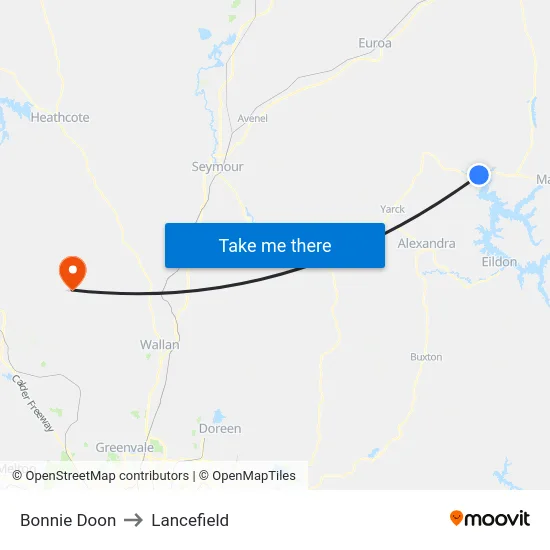 Bonnie Doon to Lancefield map