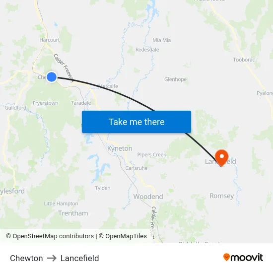 Chewton to Lancefield map